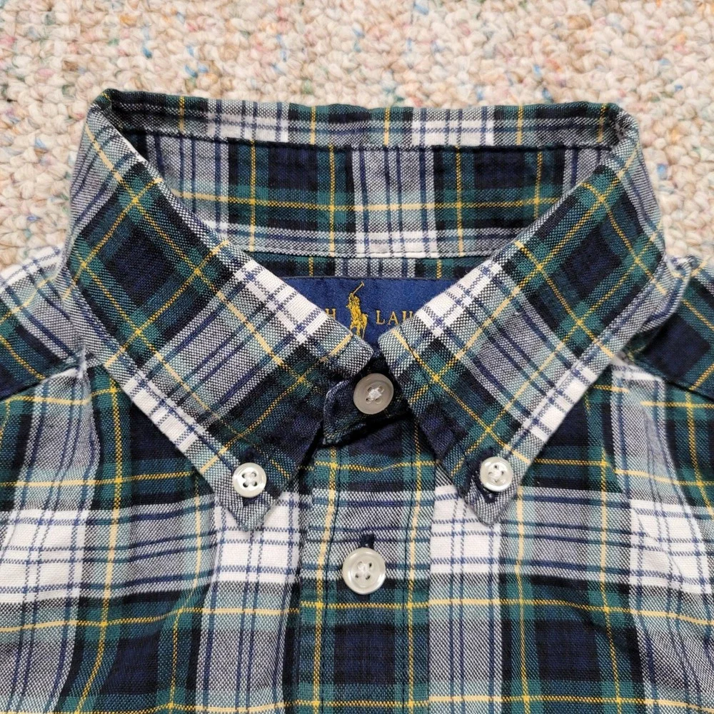 Ralph Lauren Shirt Boy Medium 10-12 Green Navy White Plaid OCBD Button Down Prep